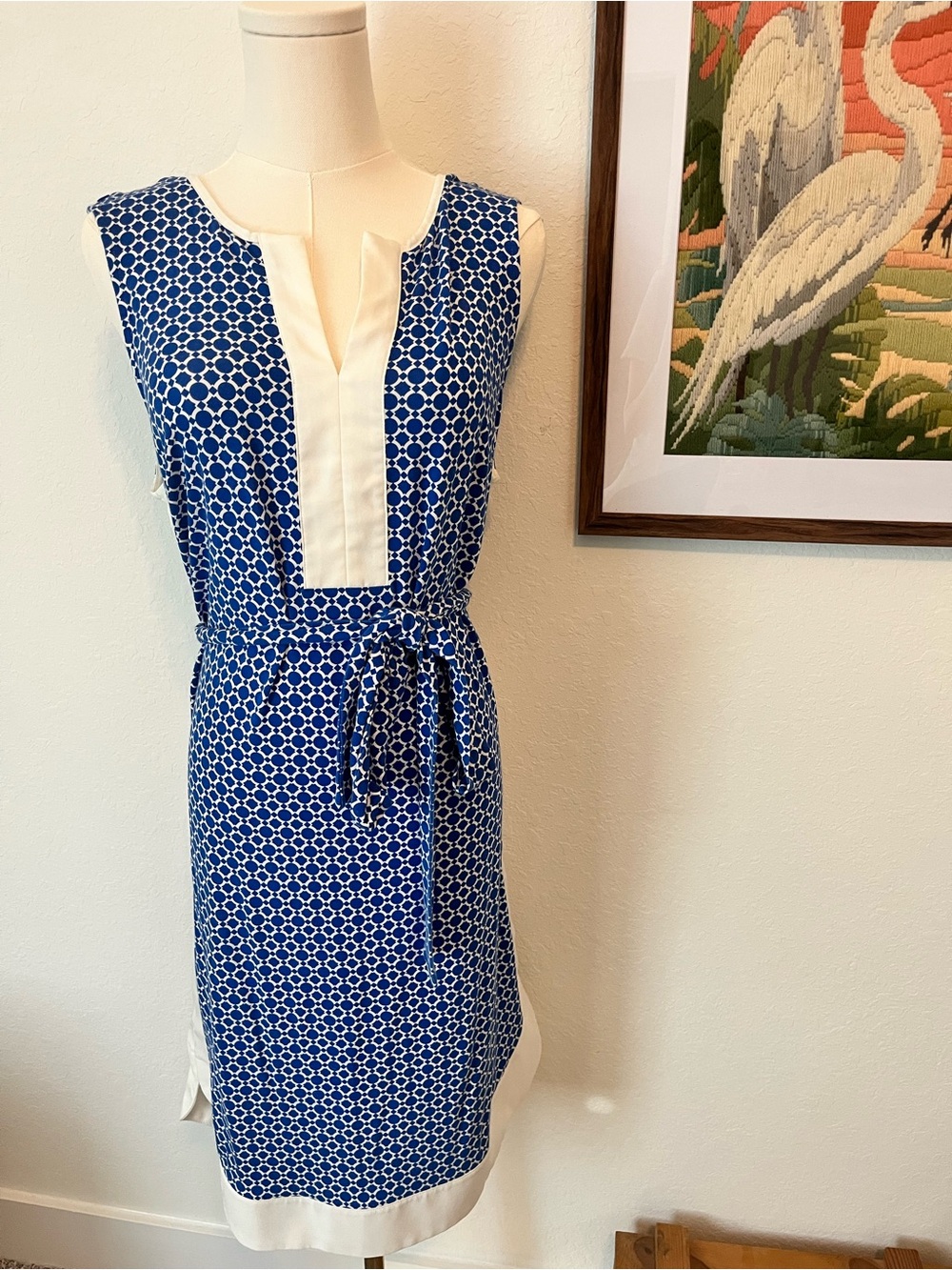 Ann Taylor Blue & White Sleeveless Tie-Waist Dress
